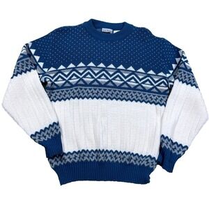 Vintage Grandpa Sweater Men Medium Blue Geometric Nordic Birdseye 90s Knit Cosby